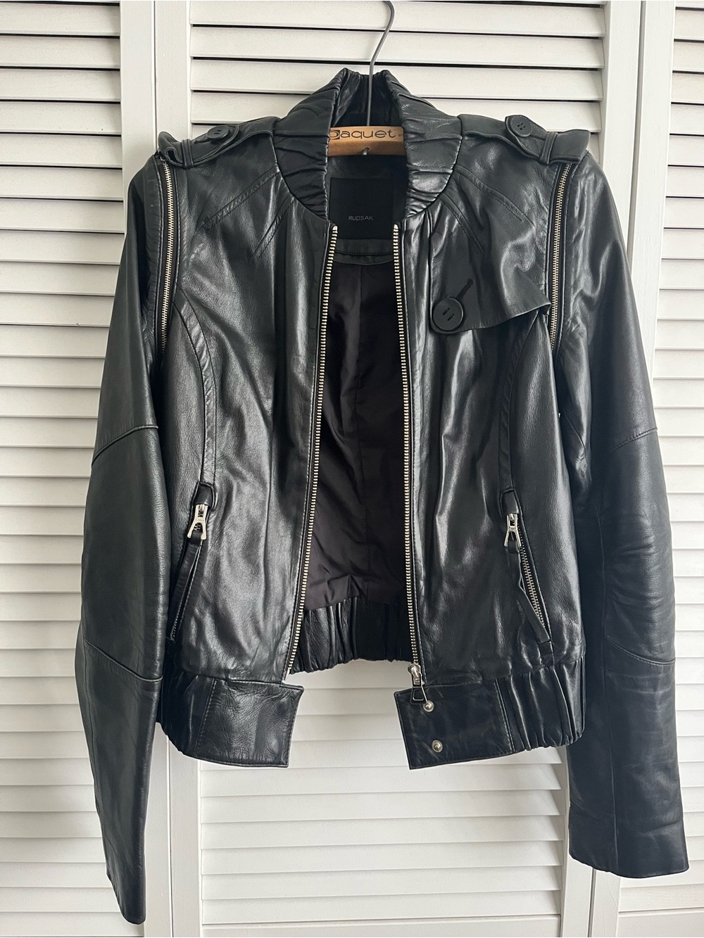 RUDSAK Black Genuine Leather Convertible Jacket Vest Detachable Sleeves - Size S
